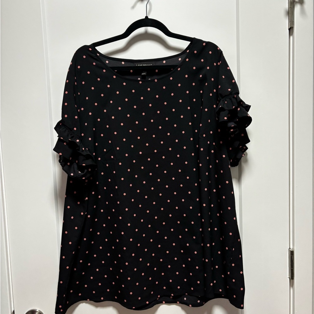 Lane Bryant Black Top with Pink Polka Dots and Ruffle Sleeves
